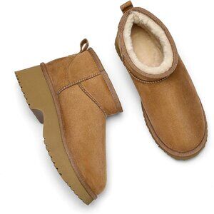 Women's Brown Waterproof Winter Boots Warm Fur Lined Anti-Slip Mid-Calf Design